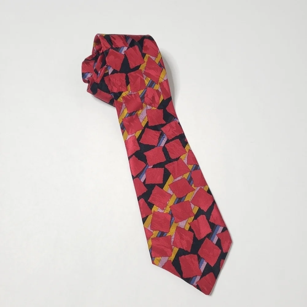 Guy Laroche vintage silk tie red square abstract pattern stripes